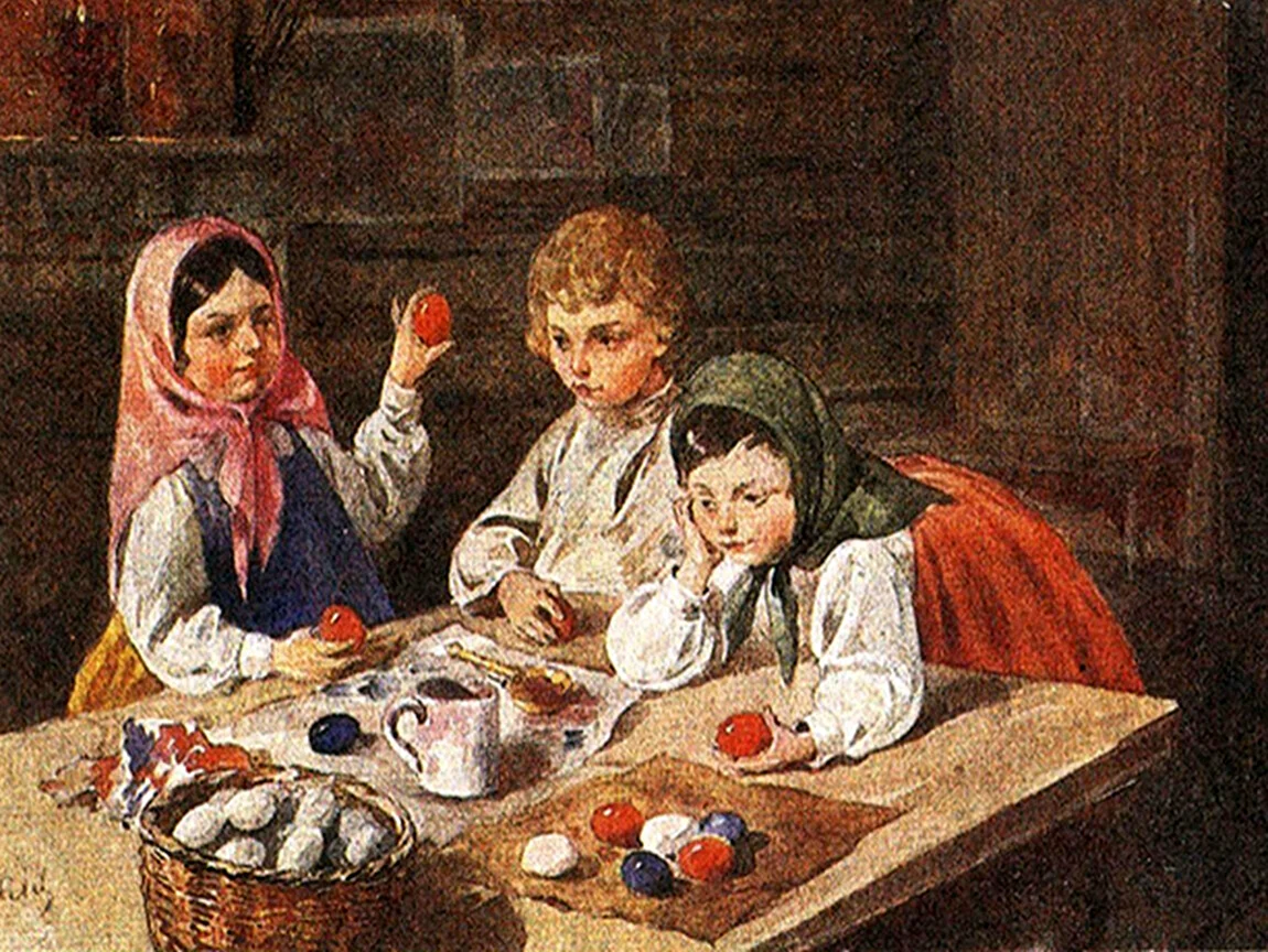 Кошелев н а дети катающие пасхальные яйца 1855 г
